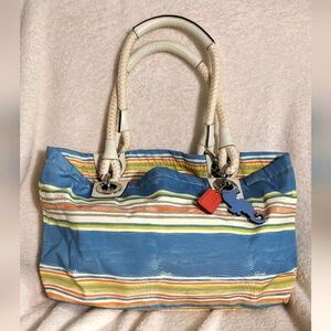 Coach Bundle Nautical‎ Multi-Stripe Tote, & matching blue leather card holder